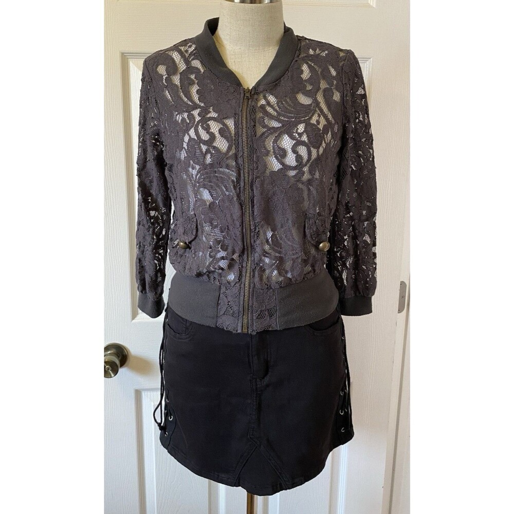 Eyelash Couture Gray Floral Sheer Lace Zip  Bomber Jacket Size Medium Whimigoth